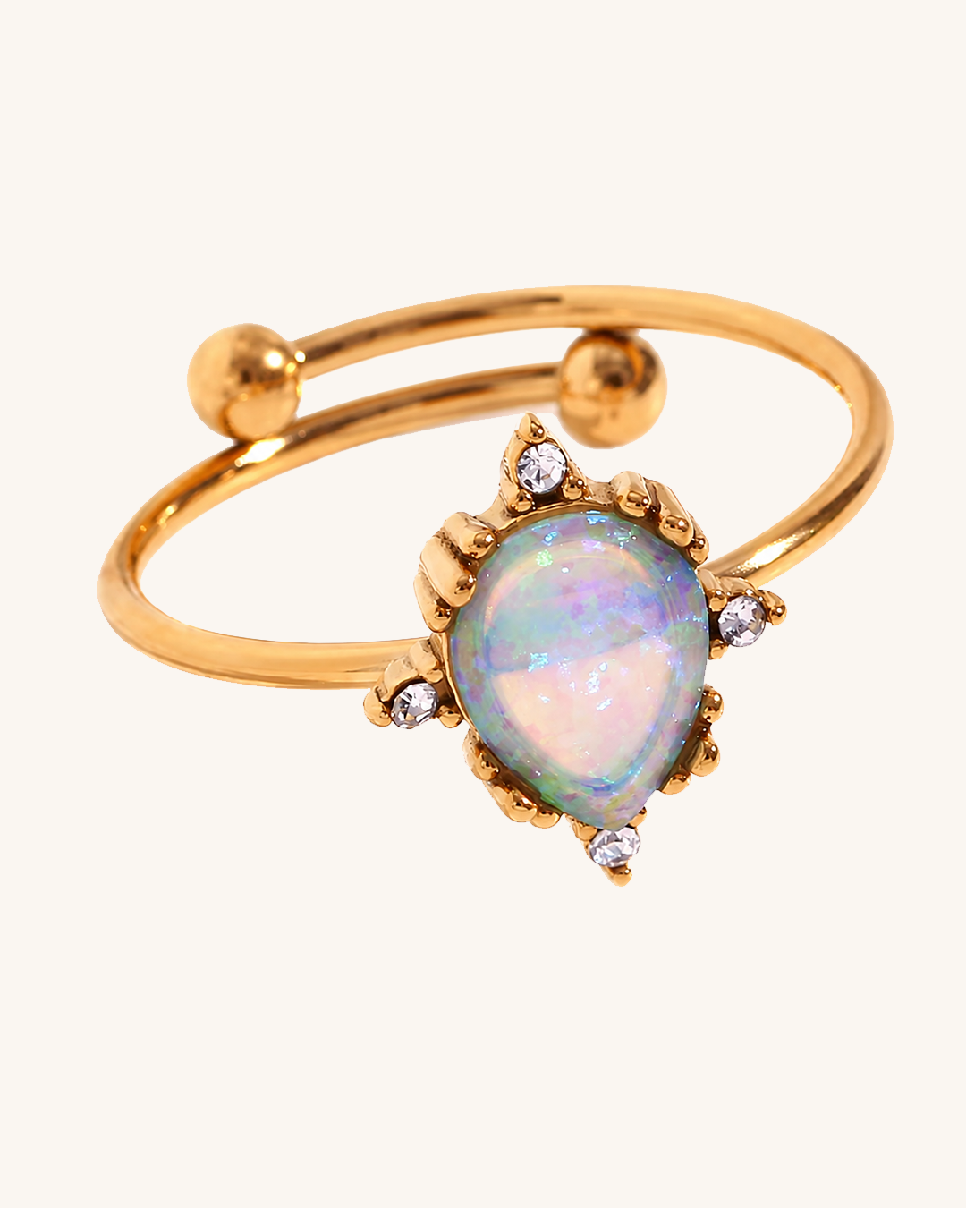 Blue Opal Drop - złoty pierścionek z opalizującą kroplą
